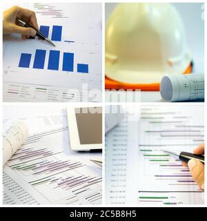 Construction project planning, management concept, gantt chart schedule, blueprints, helmet, calculator different management tools Stock Photo
