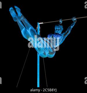 muscle woman doing a gymnastic on horizontal bar in white background, 3d illustration Stock Photo