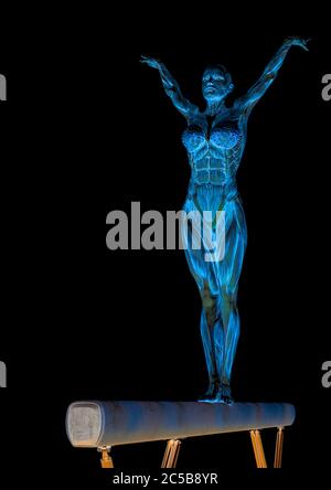 muscle woman doing a gymnastic on balance beam in white background, 3d illustration Stock Photo