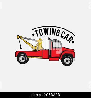 Tow truck emblem. Wrecker icon. Round the clock evacuation of cars. Design can be used as a logo, a poster, advertising, signboard. Vector element of Stock Vector