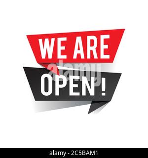 Modern design we are open text on speech bubbles concept. Vector illustration Stock Vector