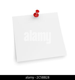 Pinned blank square white note paper isolated on white background. Red push pin. Thumbtack. 3d illustration. Stock Photo