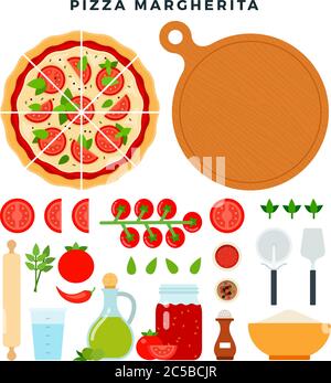 Classic pizza Margherita and all ingredients for cooking it. Make your pizza. Set of products and tools for pizza making. Vector illustration. Stock Vector