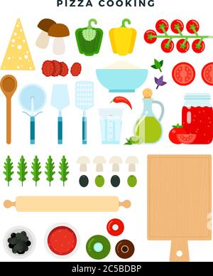 All ingredients for making pizza, dough and filling. Set of products and tools for pizza cooking. Vector illustration. Stock Vector