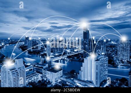 Technology Network Connect and Intelligence Smart City, Communication 5G Networking for Global Business Futuristic. Digital Big Data Connection Via Te Stock Photo