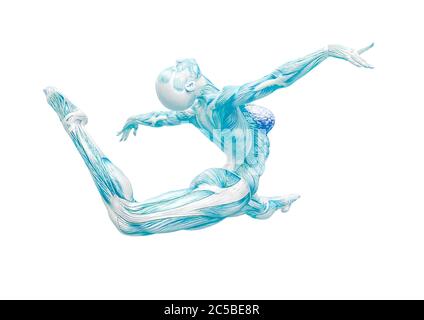 muscle woman doing a gymnastic jump pose in white background, 3d illustration Stock Photo