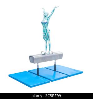 muscle woman doing a gymnastic on pommel horse in white background, 3d illustration Stock Photo