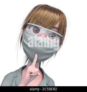 nurse cartoon is asking for silence in white background close up, 3d illustration Stock Photo