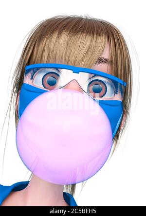 nurse cartoon is blowing a bubble with bubblegum id profile picture in white background, 3d illustration Stock Photo