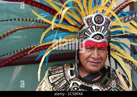 Tijuana Baja California Norte Mexico August/05/2016 Mexican indigenous man with Aztec warrior plume Stock Photo