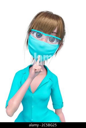 nurse cartoon is asking for silence in white background, 3d illustration Stock Photo