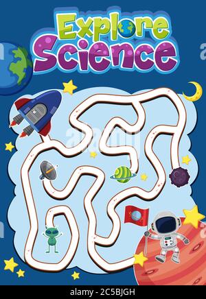 Maze game for kids with explore science logo in space theme illustration Stock Vector