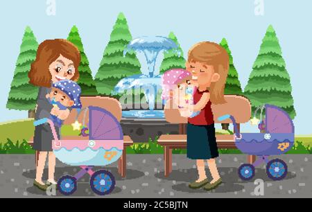 Parents take their children and baby stroller to the park cartoon style illustration Stock Vector