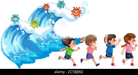 Four kids running away from ocean wave with coronavirus icon illustration Stock Vector