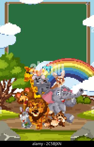 Border template design with many wild animals in background ...