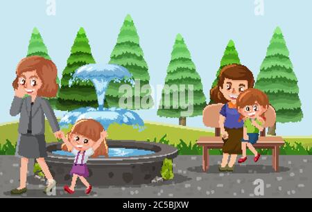 Parents take their children and baby stroller to the park cartoon style illustration Stock Vector