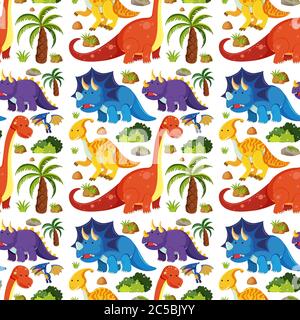 Seamless cute dinosaurs isolated on white background illustration Stock Vector