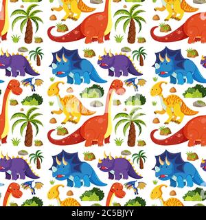 Seamless and group of cute dinosaurs isolated on white background ...
