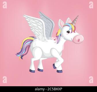 Unicorn or pegasus with rainbow mane and horn isolated on pink background illustration Stock Vector