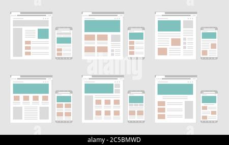 Web pages wireframe layout illustration set / Web design template for PC browser , smartphone. Stock Vector