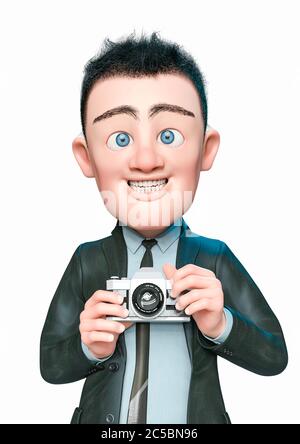 businessman cartoon holding a photographic camera and saying cheese in white background, 3d illustration Stock Photo