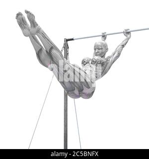 muscle woman doing a gymnastic on horizontal bar in white background, 3d illustration Stock Photo