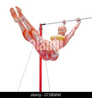 muscle woman doing a gymnastic on horizontal bar in white background, 3d illustration Stock Photo