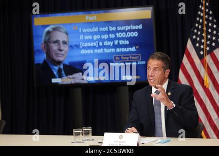 New York, NY, USA. 1st July, 2020. New York Governor Andrew Cuomo holds his daily press conference on COVID-19 update where he announced new restrictions and quarantined new states held at Governor's Office on July 1, 2020 in New York City. Credit: Mpi43/Media Punch/Alamy Live News Stock Photo