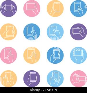 bundle of hands and smartphones set icons vector illustration design Stock Vector