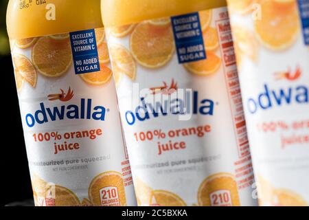 Bottles of Odwalla juice products arranged for a photo. Stock Photo