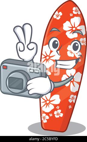 a proficient photographer surfboard cartoon design concept working with camera Stock Vector