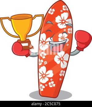 Fabulous boxing winner of surfboard caricature design style Stock Vector