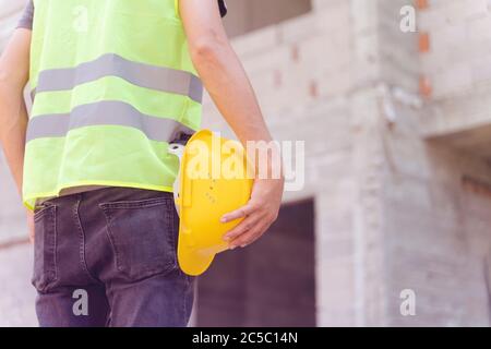 a construction worker man with all of tools supplies and ready for check and building inspection at the engineer site construct buildings Stock Photo