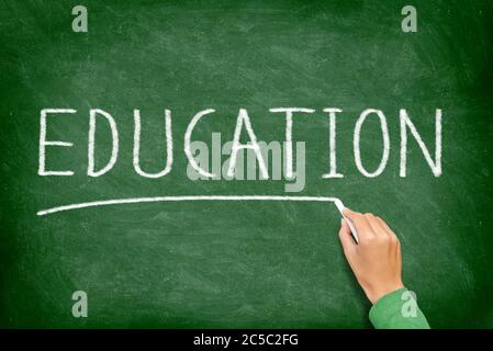 Education. School, teaching and educational concept blackboard. Hand writing EDUCATION on green chalkboard. Primary school, secondary school, high school or college university. Stock Photo