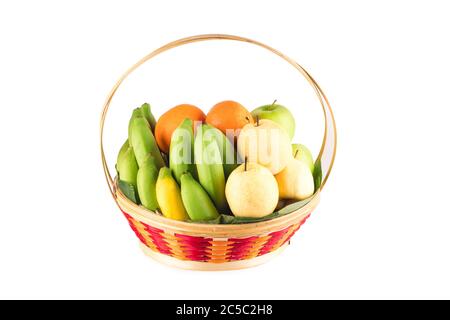 fresh orange, Chinese pear, banana in bamboo wicker basket on white background fruit health food isolated Stock Photo