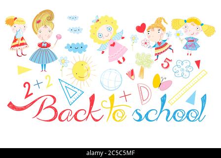 Vector background back to school with a set of school subjects and girls on a white background Stock Vector
