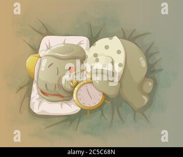 the elephant sleeps by hugging the alarm clock. vector cartoon hand drawn art style Stock Vector