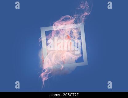 Soft pink paint smoke explosion with square frame on classic blue background. Creative abstract minimal design composition with copy space Stock Photo
