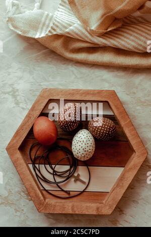 Happy Easter Day With Brown Eggs On The Beige Background Stock Photo