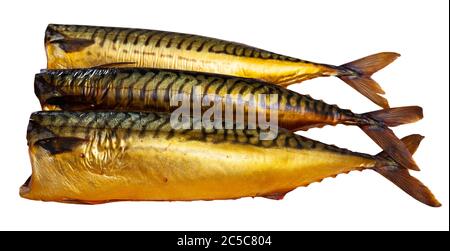 Cold-smoked mackerel without head. Isolated over white background Stock Photo