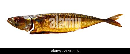Cold-smoked mackerel without head. Isolated over white background Stock Photo
