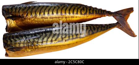 Cold-smoked mackerel without head. Isolated over white background Stock Photo