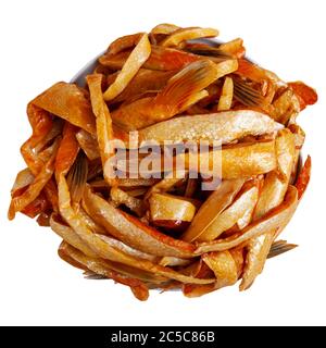 Cold smoked salmon belly flaps served on plate. Isolated over white background Stock Photo