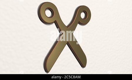 SCISSORS from a perspective on the wall. A thick sculpture made of metallic materials of 3D rendering. background and illustration Stock Photo