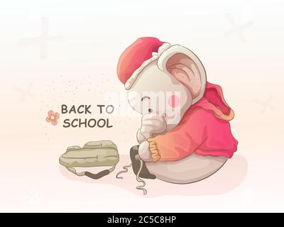 baby elephant preparing to go to school. vector hand drawn cartoon art style. Stock Vector