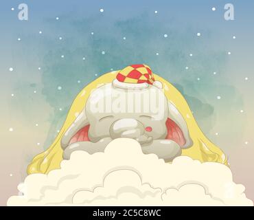 Cute an elephant sleep with blankets on the clouds Stock Vector
