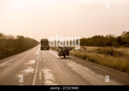 Africa, West Africa, Burkina Faso, Tenkodogo. Chickens are tied up on a motorcycle in eastern Burkina Faso. Stock Photo