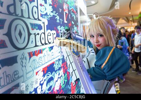 SHENZHEN, CHINA - APRIL 20, 2019: cosplay of the Fate/Grand Order 'Saber' character at Sony Expo 2019 in Shenzhen, China. Stock Photo