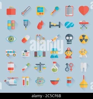 Flat icons set of medical tools and healthcare equipment, science research and health treatment service. Modern design style symbol collection. Stock Vector