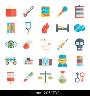 Flat icons set of medical tools and healthcare equipment, science research and health treatment service. Modern design style symbol collection. Stock Vector